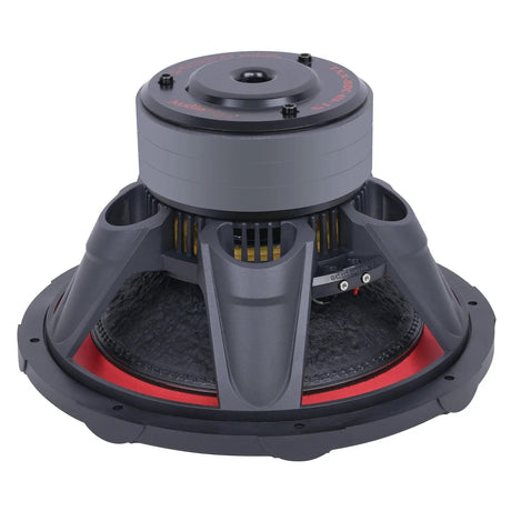 Rear-angled view of an Audiopipe subwoofer with broad basket ribs, terminals and stacked magnet