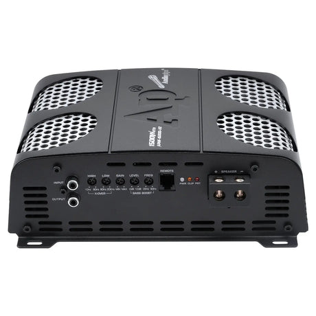 Audiopipe amplifier angled front view showing its input, adjustment controls and speaker terminals