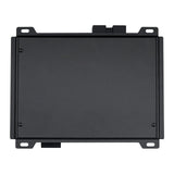 Bottom view of a black amplifier with a plain rectangular cover and slotted mounting tabs