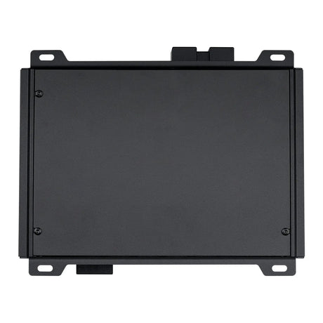 Bottom view of a black amplifier with a plain rectangular cover and slotted mounting tabs