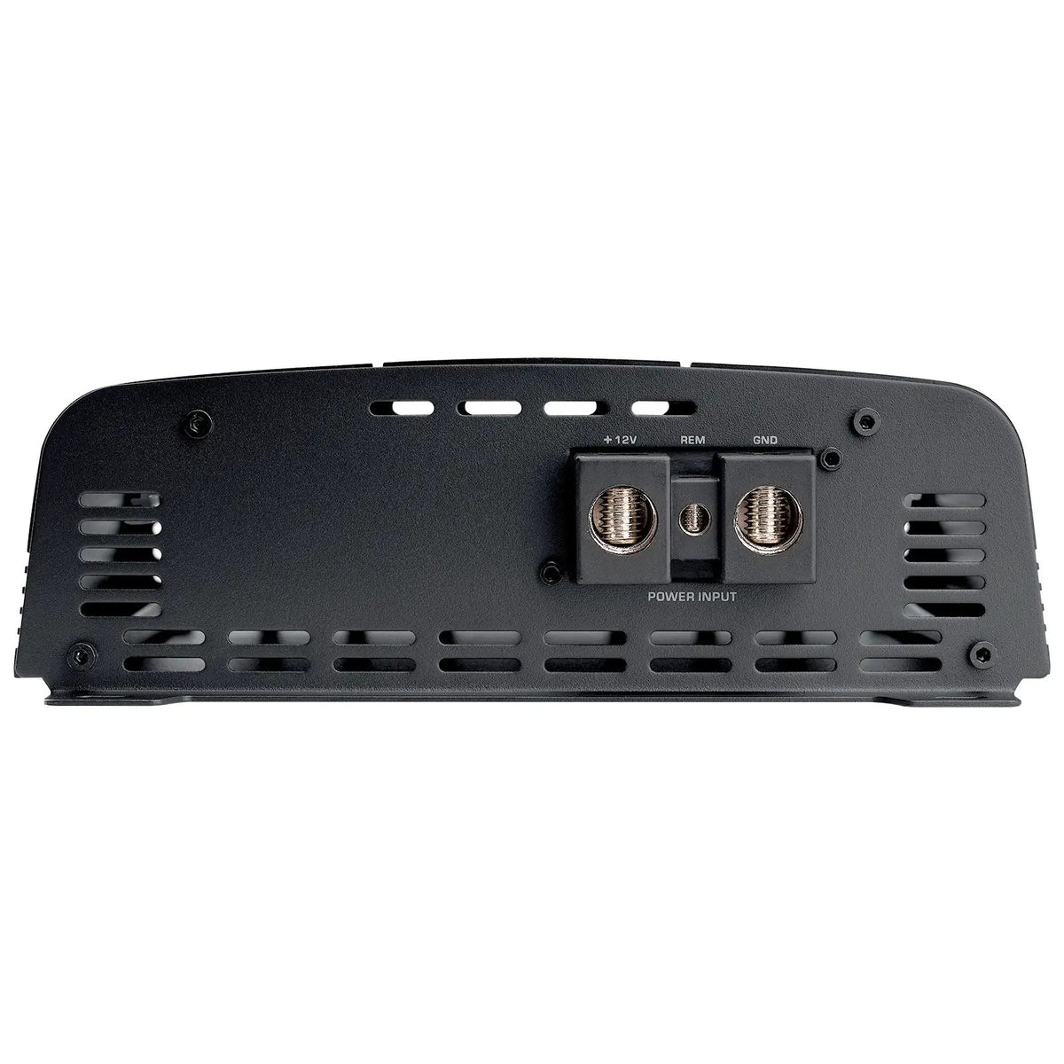 Audiopipe amplifier power connection panel showing three terminals and ventilation slots