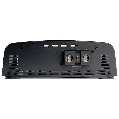 Audiopipe amplifier power connection panel showing three terminals and ventilation slots
