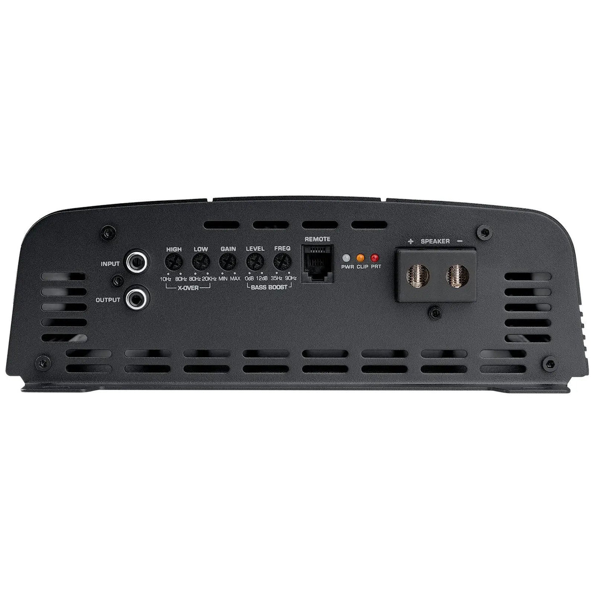 Amplifier signal panel with RCA input and output, crossover and bass controls, remote socket and speaker terminals