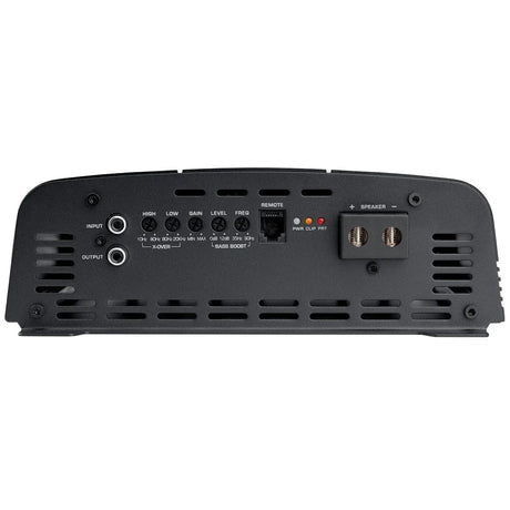 Amplifier signal panel with RCA input and output, crossover and bass controls, remote socket and speaker terminals