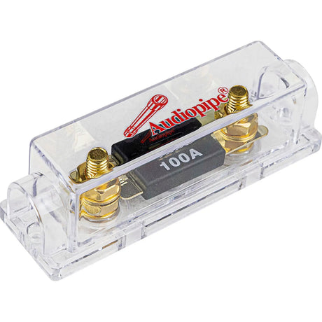 Clear Audiopipe fuse holder with gold-colored studs and a fuse marked 100A
