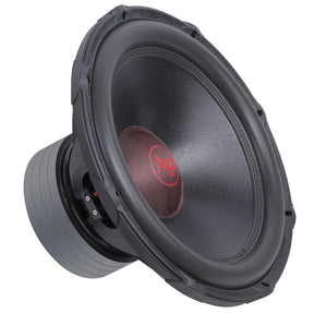 Angled front view of an Audiopipe subwoofer with a red AP logo and stacked gray magnet visible at the left