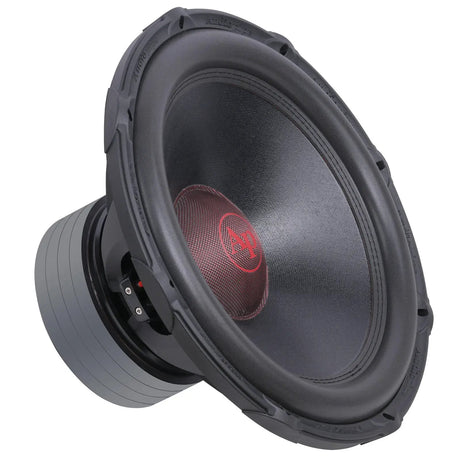 Angled front view of an Audiopipe subwoofer with a red AP logo and stacked gray magnet visible at the left