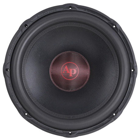 Front view of an Audiopipe subwoofer with a black cone, broad surround and red AP logo