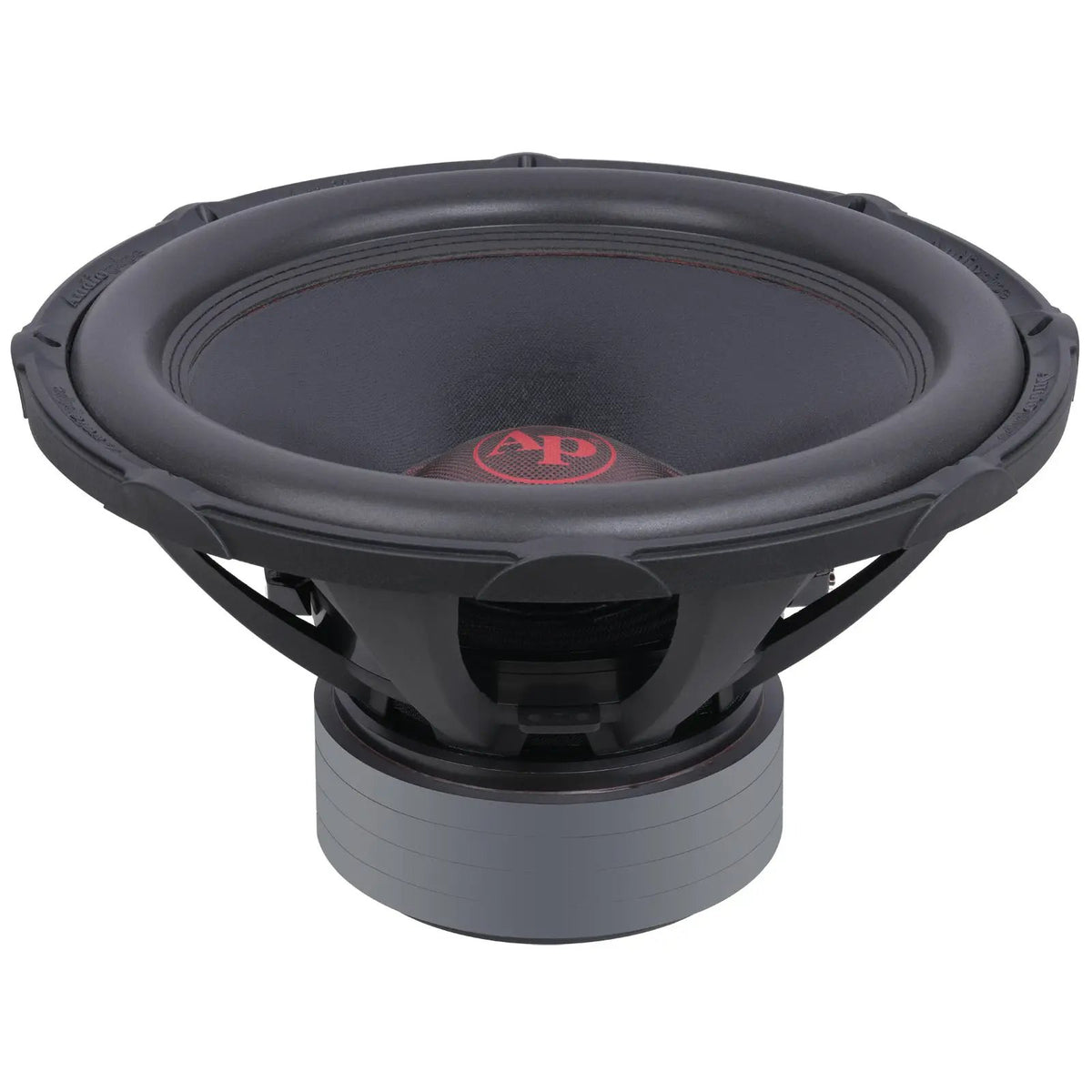 Audiopipe subwoofer, upper angled view showing the black cone, basket and stacked motor