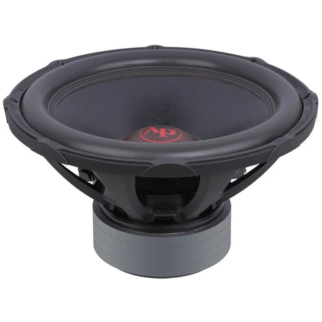 Audiopipe subwoofer, upper angled view showing the black cone, basket and stacked motor