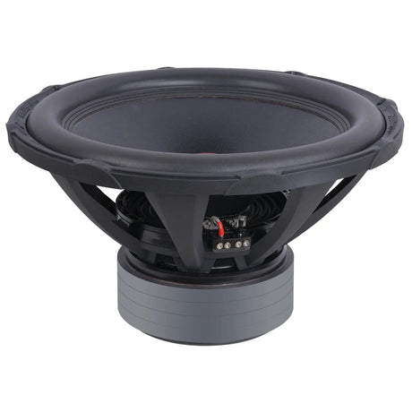 Audiopipe subwoofer, angled view showing the black cone, basket and stacked motor