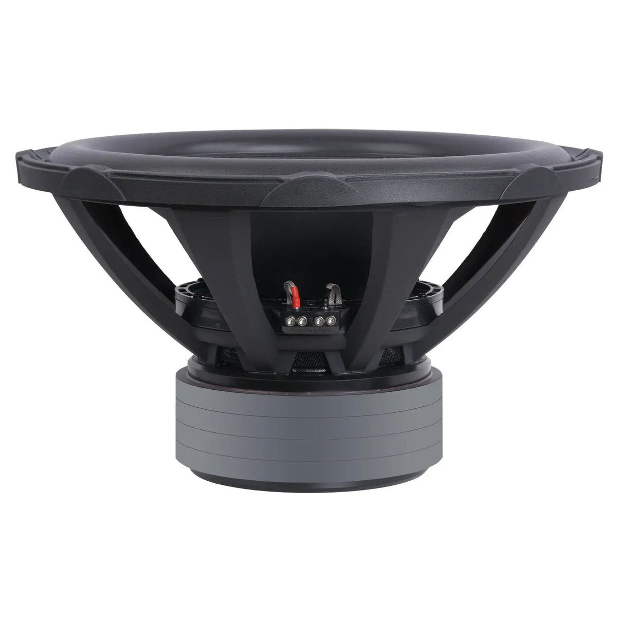 Side view of an Audiopipe subwoofer showing its open black basket, terminal block and stacked gray magnet