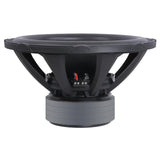 Side view of an Audiopipe subwoofer showing its open black basket, terminal block and stacked gray magnet