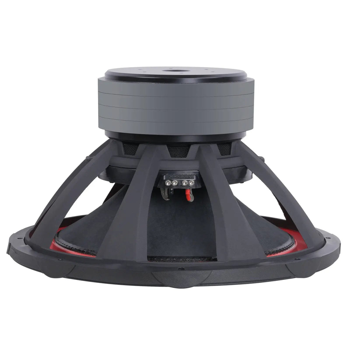 Inverted side view of an Audiopipe subwoofer showing its gray magnet, black basket and red inner rim