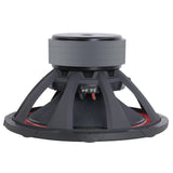 Inverted side view of an Audiopipe subwoofer showing its gray magnet, black basket and red inner rim