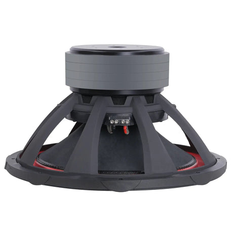 Inverted side view of an Audiopipe subwoofer showing its gray magnet, black basket and red inner rim