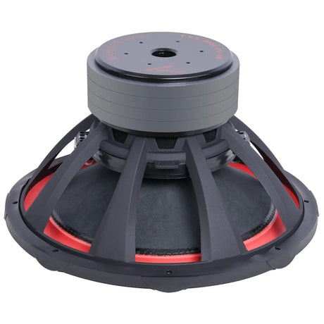 Rear angled view of an Audiopipe subwoofer showing its vented stacked magnet, open basket and red inner rim