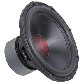 Audiopipe subwoofer with a red logo and black cone, angled view