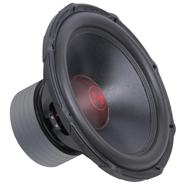Audiopipe subwoofer with a red logo and black cone, angled view
