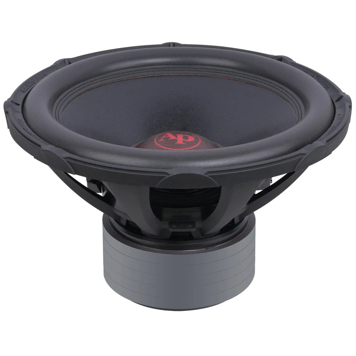 Audiopipe subwoofer with a broad black cone and stacked motor, low angled view