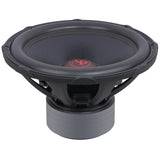 Audiopipe subwoofer with a broad black cone and stacked motor, low angled view