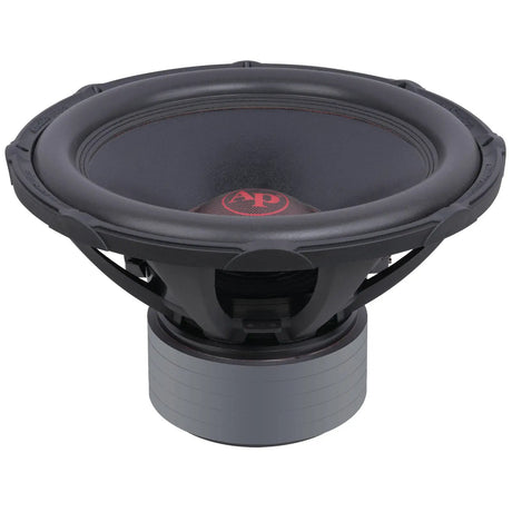 Audiopipe subwoofer with a broad black cone and stacked motor, low angled view