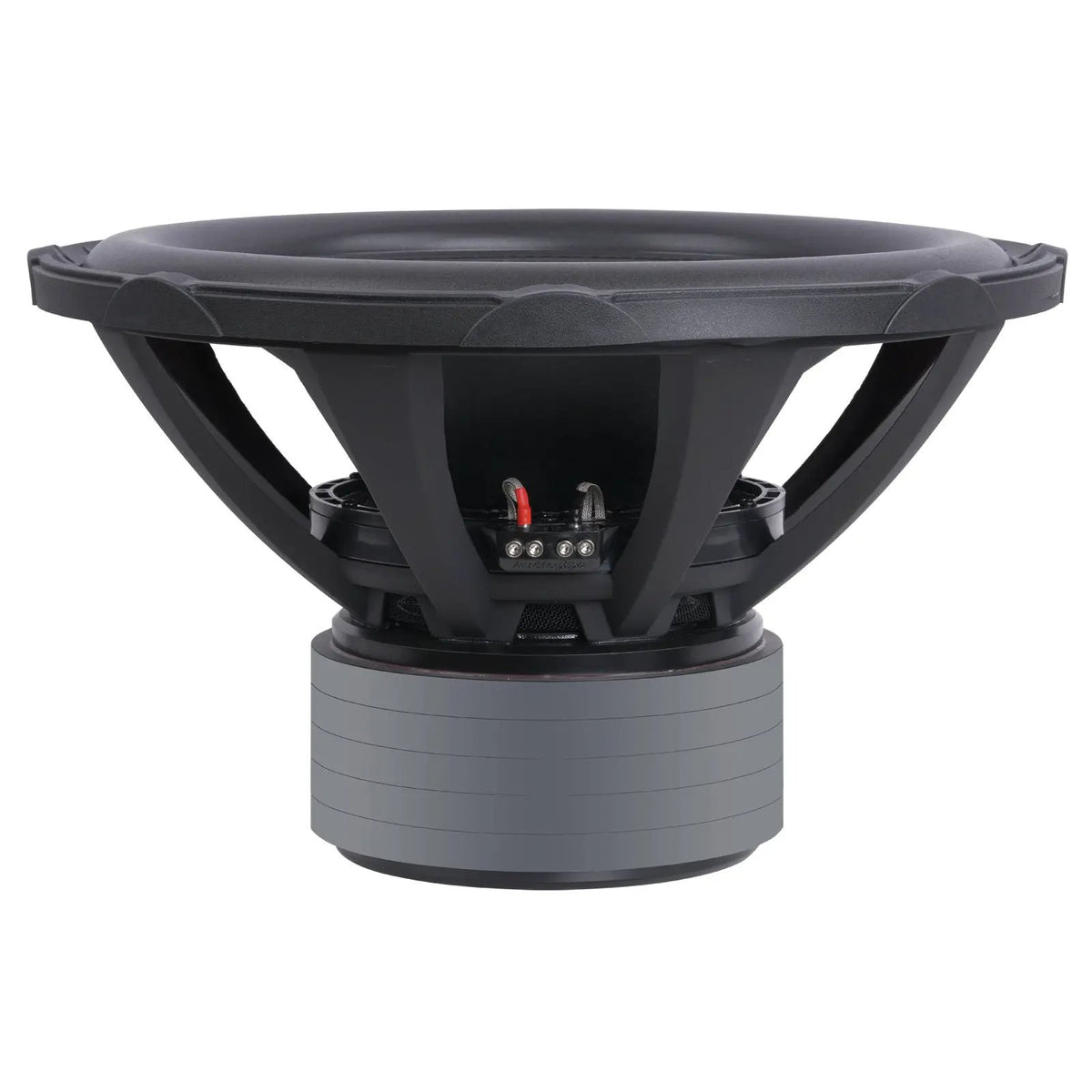 Subwoofer side view showing a broad basket, terminals and tall stacked motor