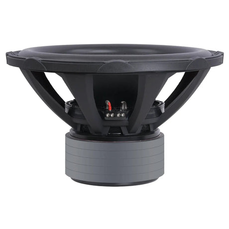 Subwoofer side view showing a broad basket, terminals and tall stacked motor