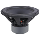 Audiopipe subwoofer viewed from above at an angle, showing its black cone, basket and stacked gray magnet