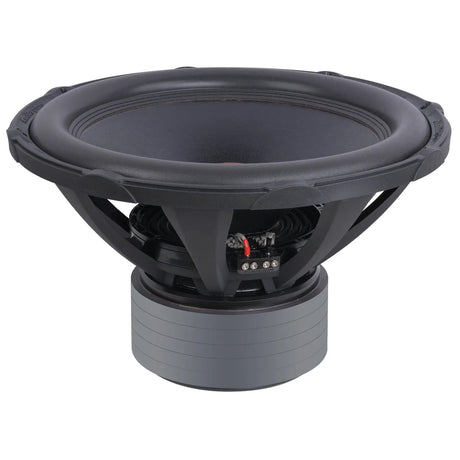 Audiopipe subwoofer viewed from above at an angle, showing its black cone, basket and stacked gray magnet