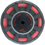 Rear view of an Audiopipe subwoofer showing the TXX-BDC-V-18 magnet label and red suspension