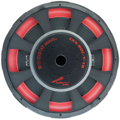 Rear view of an Audiopipe subwoofer showing the TXX-BDC-V-18 magnet label and red suspension