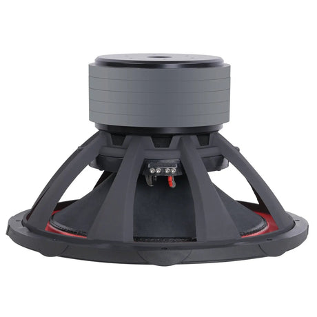 Inverted Audiopipe subwoofer showing a black basket, red suspension and five stacked magnets