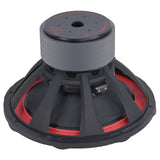 Rear angled view of an Audiopipe TXX-BDC-V-18 subwoofer with a vented stacked magnet and red inner rim