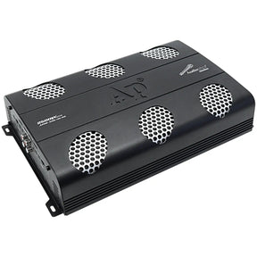 Angled Audiopipe amplifier with six silver mesh vents and its input controls visible at the left