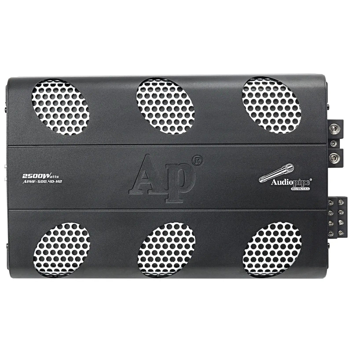 Audiopipe APHF-500.4D-H2 amplifier top view with six silver mesh vents
