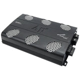 Audiopipe amplifier with six silver mesh vents viewed from its screw-terminal end