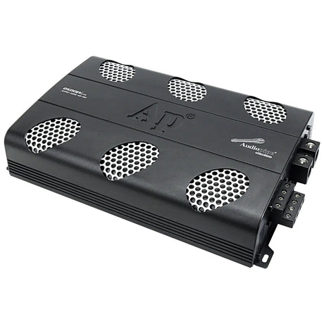 Audiopipe amplifier with six silver mesh vents viewed from its screw-terminal end
