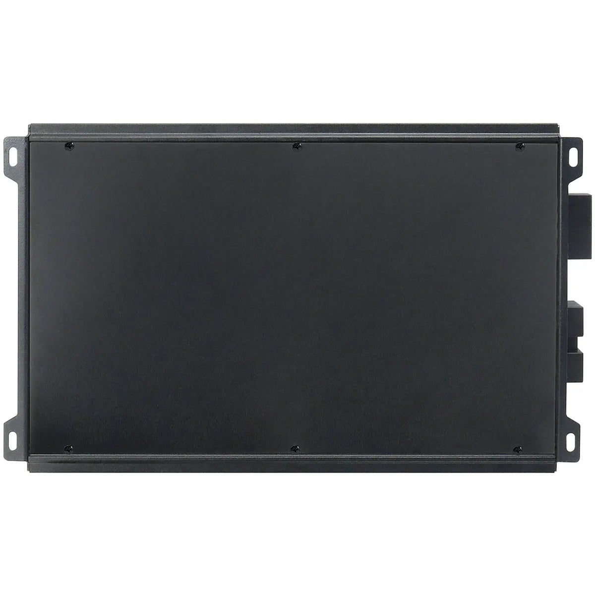Underside of rectangular black amplifier with base-plate screws and mounting tabs
