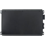 Underside of rectangular black amplifier with base-plate screws and mounting tabs