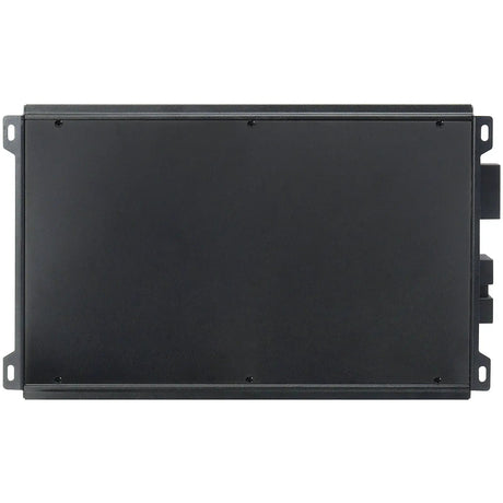 Underside of rectangular black amplifier with base-plate screws and mounting tabs