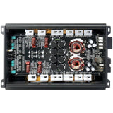 Audiopipe amplifier with its cover removed, exposing the circuit board, coils and capacitors