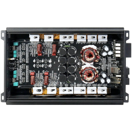 Audiopipe amplifier with its cover removed, exposing the circuit board, coils and capacitors