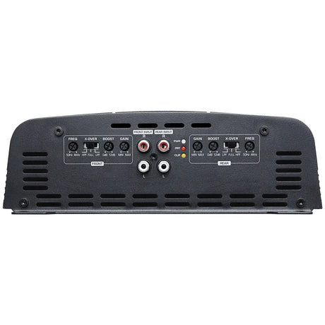 Amplifier input panel showing four RCA sockets and separate adjustment controls