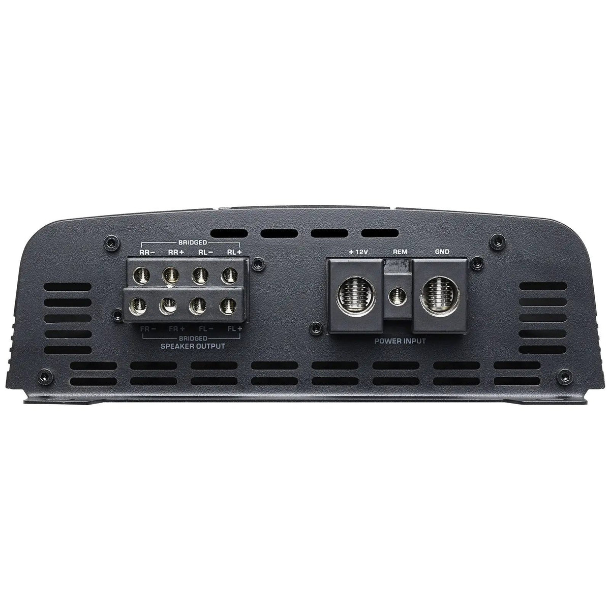 Amplifier end panel showing four-channel speaker outputs and power-input terminals