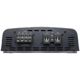 Amplifier end panel showing four-channel speaker outputs and power-input terminals