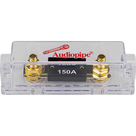 Audiopipe 150 A fuse in a clear holder with gold-colored terminals