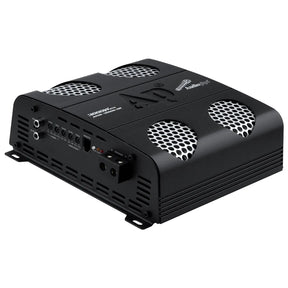 Audiopipe APHF-3000D-H2 amplifier front angle showing its input, control and speaker-terminal panel