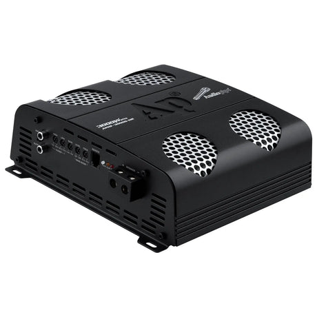 Audiopipe APHF-3000D-H2 amplifier front angle showing its input, control and speaker-terminal panel