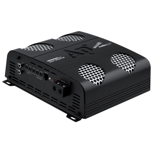 Audiopipe APHF-3000D-H2 amplifier front angle showing its input, control and speaker-terminal panel